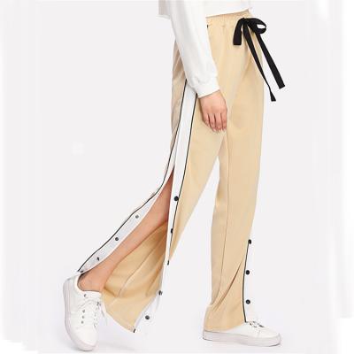 China OEM Women Breathable Side Stripe Snap Band Button Wide Leg Pants for sale