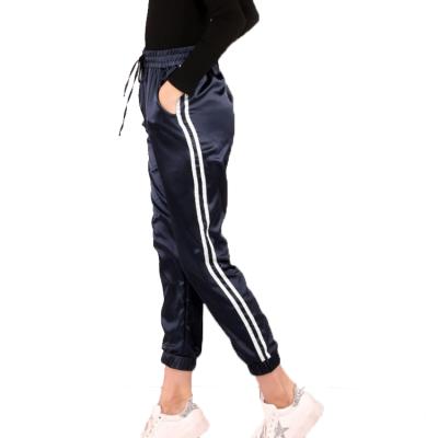 China Women Sustainable Drawstring OEM Elastic Waist Satin Side Striped Track Pants for sale