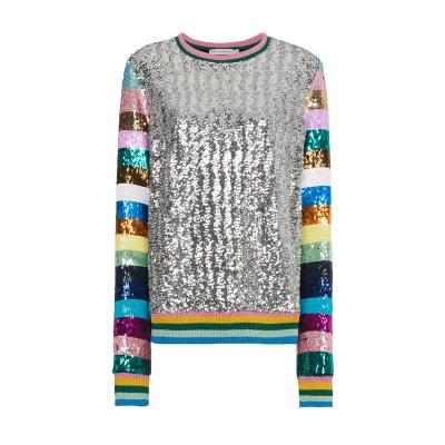 China Women Plus Size OEM Womens Tops Blouses Multicolor Stripe Metallic Sequin Embellished Top for sale