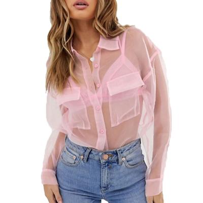 China OEM Service 2019 Anti-Shrink Women Design Oversized Fitted Loose Shoulders Organza Shirt In Pink for sale