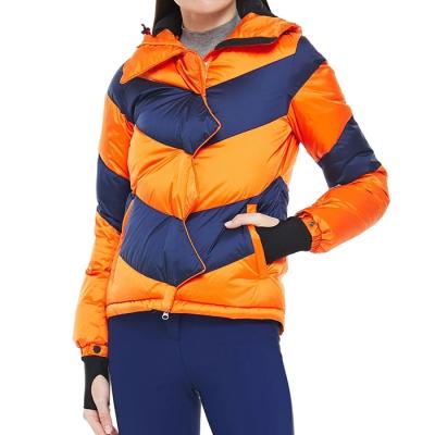 China Anti-wrinkle OEM custom quilted two tone shell down ski jacket womens long sleeve paneled drawstring anorak hooded striper jackets for sale