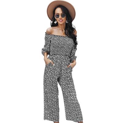 China QUICK DRY Women's Casual Off Shoulder Printed Strapless High Waist Wide Leg Overalls Romper for sale