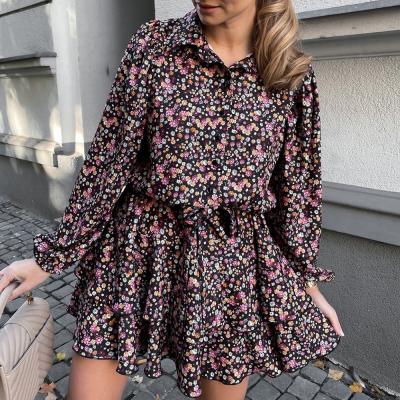 China Viable Women Fashion Floral Dress Waist Elegant Casual Dresses Spring Printed Women's Dress Shirt Lapel Lace Up Ladies for sale