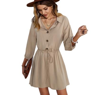 China Women's Breathable Button Down Vintage Dresses Tie Collar Solid Color Belted Shirt Dress for sale