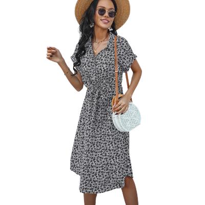 China Breathable Floral Midi Dress For Women V Neck Short Sleeve Lapel Print A Line Front Tie Bohemian Dresses Casual Loose Summer for sale