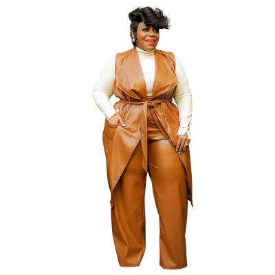 China Autumn and winter suit large size leather lapel artificial leather sleeveless vest long and high waist pants 2 pcs suit for sale