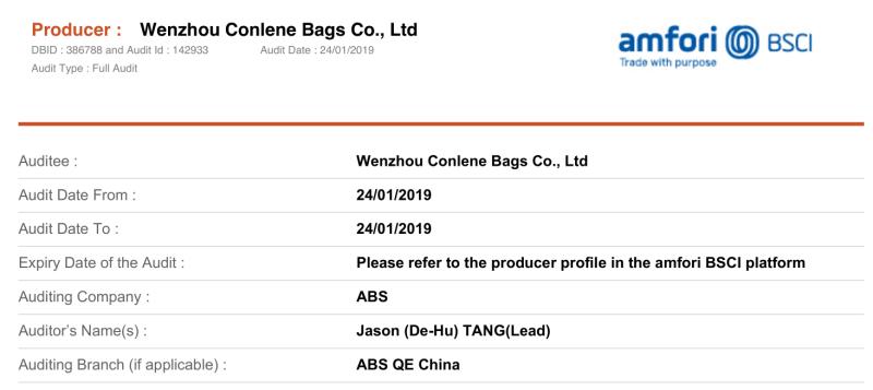 BSCI - Wenzhou Conlene Bags Co., Ltd.