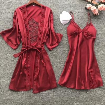 China Breathable Women Nightgowns Long Robe Sets V-neck Satin Long Robe Set Bathrobe Set Summer Long Robe Pijama Nightgown for sale