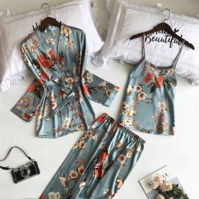 China Breathable Pajamas Sets Flower Print Nightgowns With Women Sexy Satin Pijamas Negligee Sleepwear Silk Pajamas for sale