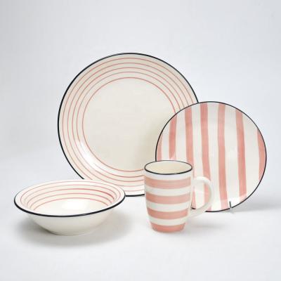 China Sustainable 16pcs Stoneware Dinnerware Set With Printing , Lined Printing Ceramic Dinnerware Set for sale