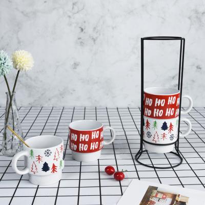 China HOT-SELLING Viable 4 Ceramic For Coffee Tea Milk Cup Mug Set Decal Printed Stackable Coffee Mugs With Stand for sale