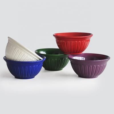 China Sustainable Salad Bowl Solid Color Ceramic Bowl Set In Different Colors With Embossed Design for sale