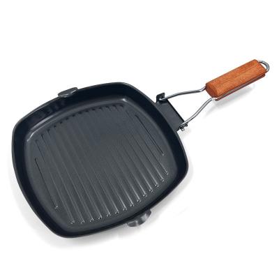 China CLASSIC Grill Pan Aluminum Non-Stick Cast Iron Square Coated Steak Pan With Wooden Folding Handle for sale