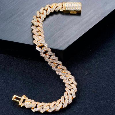 China Ethnic Brass Women Men Miami Square Lock 12mm Diamond Claw Jewelry Cuban Link Bracelet for sale