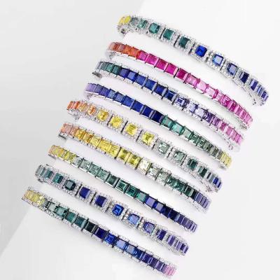 China Customized Ethnic 9K Gold Color Handmade Lab Created Gemstones Rainbow Sapphire Moissanite Mosaic Bracelet For Gift for sale