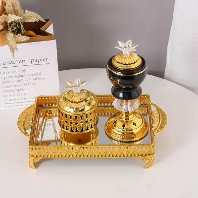 China Arabian Censer Incense Set Aromatherapy Stove Tray Three Piece Set Electroplating Gold Arabian Hollow Incense Holder for sale