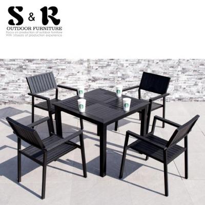 China Durable Aluminum Plastic Wood Stacking Chair Eco-Friendly\UV Resistant\Water Proof\Weather For Cafe Patio Table And Chair Set for sale