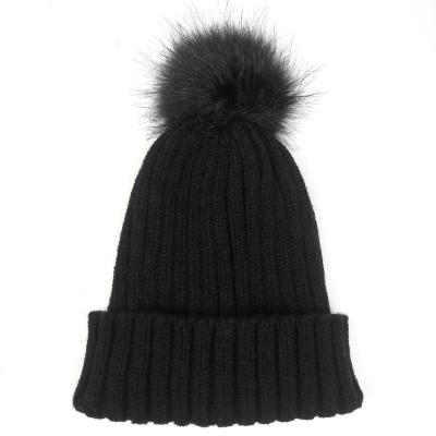 China COMMON Chunky Faux Rabbit Fur Cashmere Women Knit Beanie Hat Wholesale Men Winter Kids Children Pompom Striped Custom Manufacturers for sale