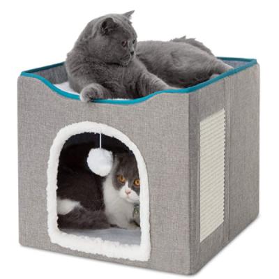 China Large Breathable Indoor Cat Cave For Pet Cat House With Fluffy Ball Pendant Cat Hidewawy Foldable Bed for sale