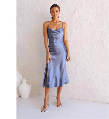 China Lady 13 Color Women's Amazon Wholesale Stretch Shiny Satin Washable Long Sling Skirt Split Long Skirt Dress Dress for sale