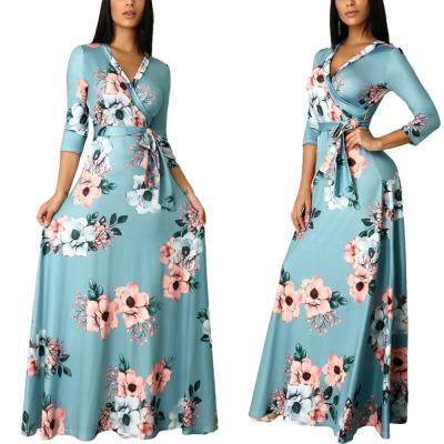 China 2021 New Arrival Washable Women Stretching Cheap Long Half Sleeve Maxi V-neck Floral Print Party Casual Dress for sale