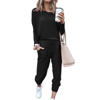 China Wholesale Autumn Winter Women Solid Color Breathable Loose Long Sleeve Sweater Casual Sports Tops Pants Two Pieces Set for sale