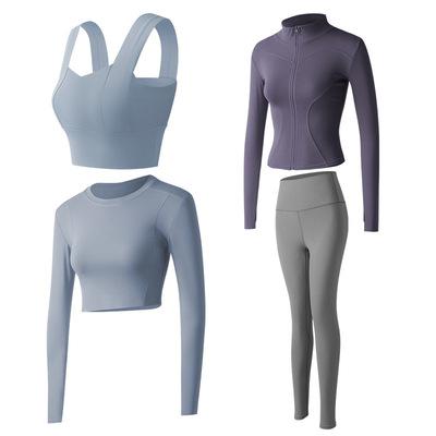 China Yoga Bra Long Sleeve Jacket Sports Fishing Hip Female Fitness Pants Breathable Four-Piece Suit Running Three-Piece Tight Suit for sale