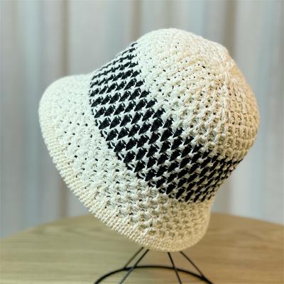 China 2023 new fisherman hat summer travel fashion patchwork striped female handmade color woven straw hat for sale