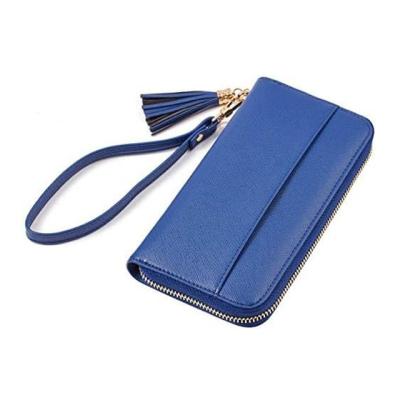 China Factory Custom Women's Vegan Wallet Purse Rrid Blocking RFID Long Tassel Ladies Cluth Wrist Strap Leather Bifold Wristband for sale