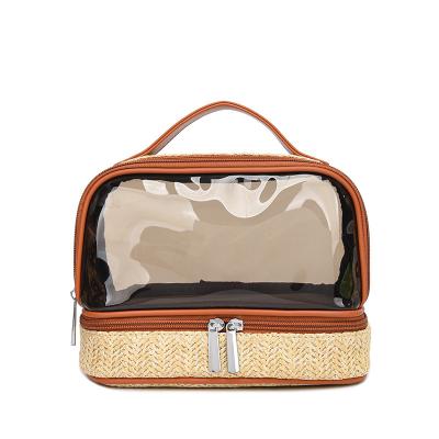 China New portable wholesale transparent toiletry bag transparent OEM large capacity straw storage cute waterproof bag double layer bag makeup bag for sale