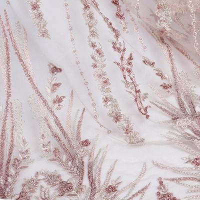 China Factory outlet 100%poly handmade flat pink embroidered luxury hand sparkle beaded mesh lace fabric for dress for sale