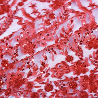 China Other 2022 Beautiful Designs Light Red Heavy Beaded Tulle Shiny Sequin Embroidered Lace Fabric For Nigerian Party for sale