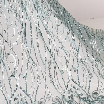 China Other Polyester Material Green Sequin Machine Beads Flat Embroidery Net Lace Fabric For Dresses for sale