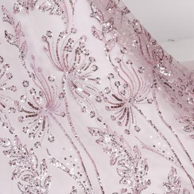 China Big Design Elastic Pink Fashion Flat Embroidered Machine Beaded Glitter Lace Fabric For Wedding for sale