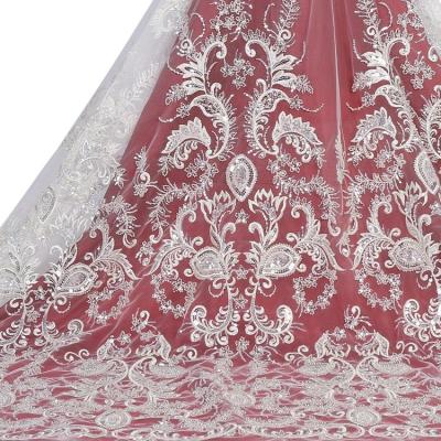 China Other Goods High Quality White Bridal Net Tulle Embroidery Beaded For Shinny French Sequin Lace Fabric For Wedding for sale