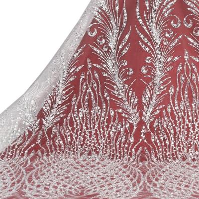 China Other High Quality 100%poly Tulle White Mesh Sequin Lace Knitting Crystal Fabrics For Dresses for sale