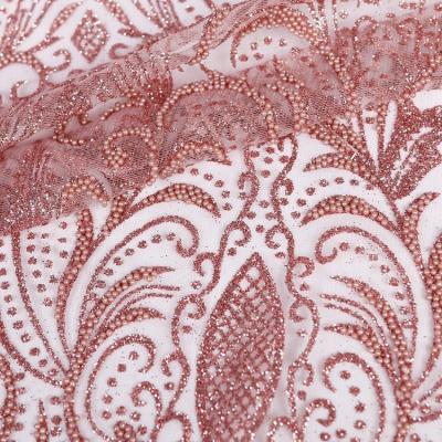 China Other New Designs Shaoxing Sugar Pink Net Colorful Glitter Embroidered With Beaded Lace Fabric For Dress for sale