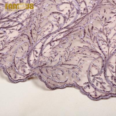 China Breathable Wholesale Handmade Product Extraordinary Purple French Lace Fabric With Crystal Sequins For Woman Dress for sale