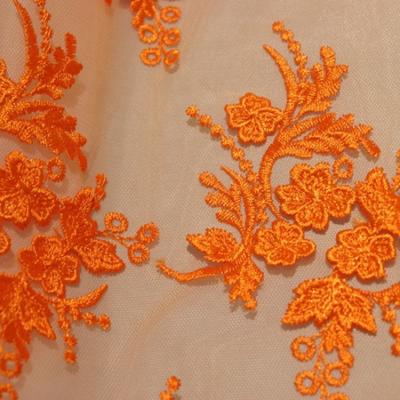 China Other Product 2021 New Orange Net Tulle Textile 3D Flower Embroidery Fabric For Dresses for sale