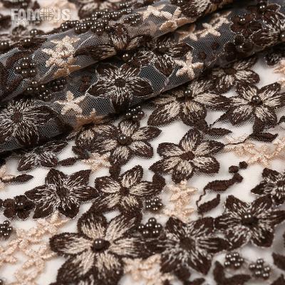 China Breathable High Quality Extraordinary Brown Embroidered Design Lace Fabric With Elegant Beads For Evening Dress for sale