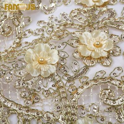 China 2022 New Arrival Gold Mesh Viable Rope Lace Trimming Sequins Embroidery Lace Fabric For African Wedding Dress for sale