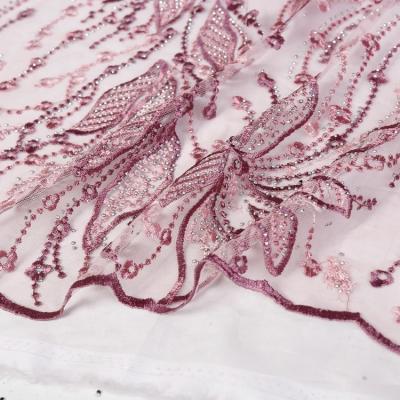 China Other 2021 New Arrival Flower Embroidery Mesh Lace Design With Full Stone Fabric For Lady Dresses for sale