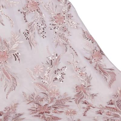 China Other fashion 2021 rose gold flower embroidery lace sequin heavy beaded mesh fabric for dress making for sale