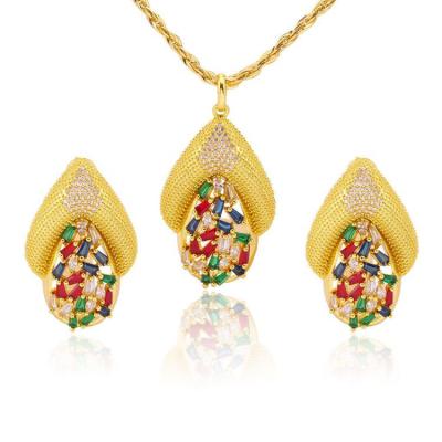 China FASHION Gold Multicolor Zirconia Necklace Earrings Shape African 18K Gold Plated Women Jewelry Set for sale