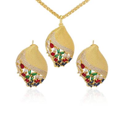 China FASHIONABLE Luxury Bride Wedding Colorful Zircon Necklace Clip Earrings 18k Gold Plated African Jewelry Set for sale