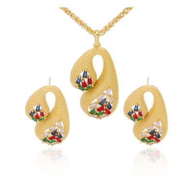 China FASHIONABLE Luxury Multicolor African Bride Zirconia Gold Pendant Necklace 18k Gold Plated Big Clip Earrings Jewelry for sale