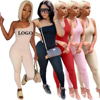 China Logo Jumpsuit Casual Solid Color Bodycon Women's One-Piece Sleeveless Sporty Overalls Breathable One Shoulder Overalls and Rompers for sale