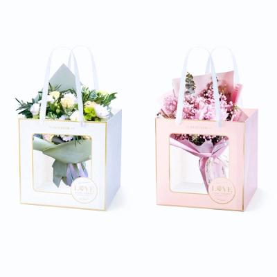 China Recyclable Good Quality Bouquet Square Flower Packaging Open Window Tote Bag Paper Box Transparent for sale