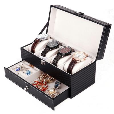 China Handmade Wholesale Double Layer Black PU Jewelry Watch Storage Box for sale