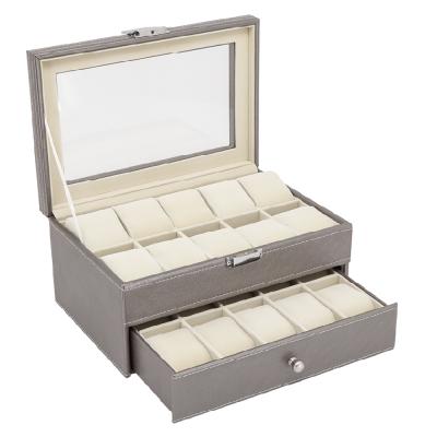 China Watch Storage Customized 20 Slots Top Glass Leather Watch Box With Drawer For Sale for sale